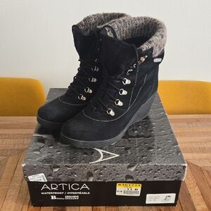 Artica Black Real Suede Wedge Heels Women's Waterproof Boots Size 11 Eur 41